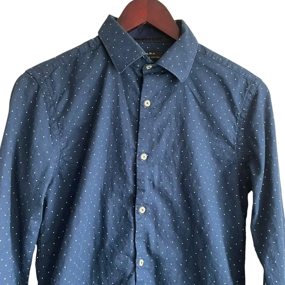 Zara Mens Shirt S Slim Fit Blue‎ Dots Button Up Preppy Travel Office Academia